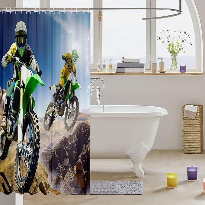 Feelyou Motocross Rider Waterproof Bath Curtain Boys Extreme Sports Theme Bathroom Curtain Dirt Bike Shower Curtain for Kids Teens Motorcycle Bathroom Accessories Stalls Decor 72"X84"