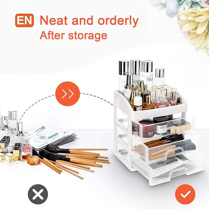 Makeup Organizer for Vanity, Skincare Organizers with 3 Drawers, Cosmetics Organizer for Skin Care, Eyeshadow, Brushes, Lipstick, Powders, Nail Polish.Great for Dresser, Bedroom, Bathroom (White)
