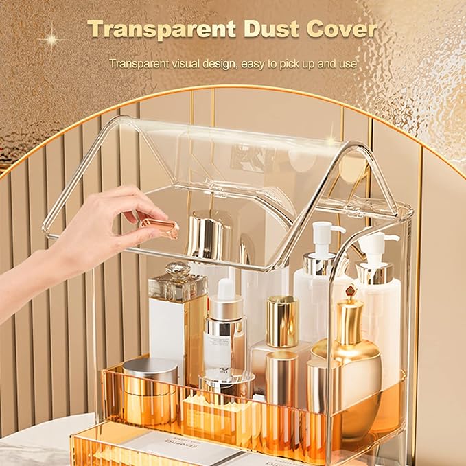 Ergocar Portable Transparent PET Series Multi-Function Make Up Case Dustproof Cosmetic Storage Box, Cosmetics Skin Care Products Jewelry Organizer Case Lipstick Box - Orange Three Layers