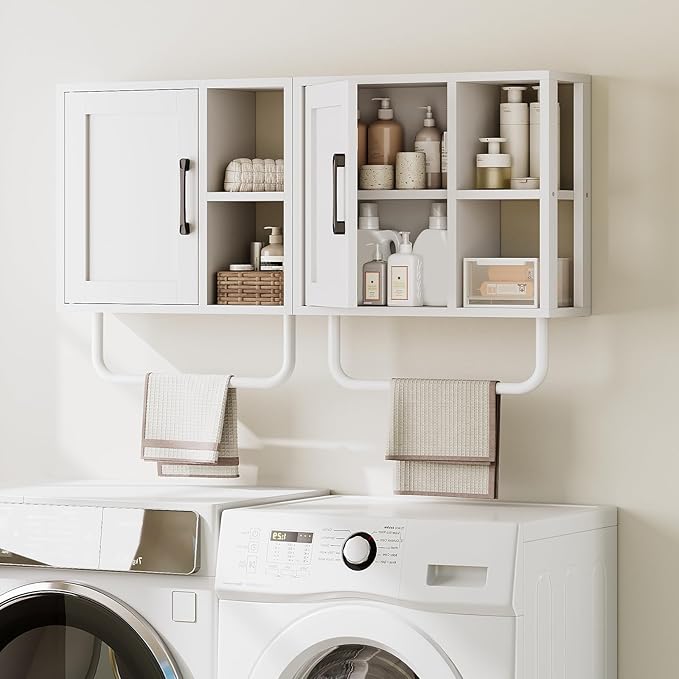 YATINEY Medicine Cabinet, Bathroom Wall Cabinet with Towel Bar, Over The Toilet Storage Cabinet with Adjustable Shelf and Open Partition, for Bathroom, Laundry Room, Living Room, Kitchen, White