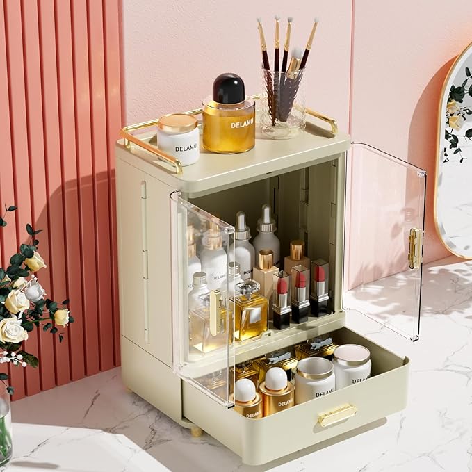 Delamu Bathroom Makeup Organizer Countertop with Drawer, 3-Tier Large Capacity Bathroom Counter Countertop, 15.2' Tall Storage for Perfume, Cosmetic, Skincare and More, Ideal Present for Her, Beige