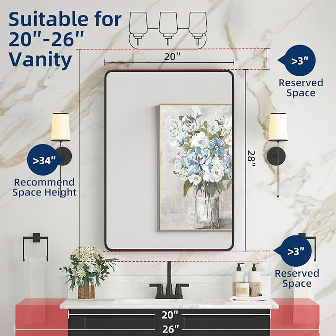 Medicine Cabinet 20 x 28 Inch, Black Bathroom Medicine Cabinet with Mirror,Metal Beveled Mirror, Adjustable Shelves, Recessed or Wall Mount, Sturdy & Solid, Bathroom Mirror with Storage