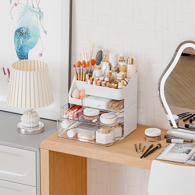 Yieach Countertop Makeup Organizers With Brush Holder,Big Skincare Organizers for Vanity,Dresser,Bathroom,Plastic Cosmetics Storage Organizer with 4 Drawers for Lotion,Beauty,Hair Product & Tool,White