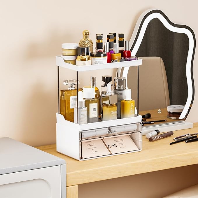 Yieach Acrylic Makeup Organizer Countertop,Large Skincare Organizer for Dresser Top,Plastic Bathroom Counter Organizers and Storage for Beauty,Cosmetic,Hair Products,Lotion and Perfume Organizer,White