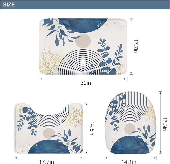 Riyidecor Boho Light Blue 4Pcs Bathroom Shower Curtain Sets Mid Century Minimalist Abstract Modern Bathroom Decor Set with Rugs and Accessories Leaf Toilet Lid Rug, Contour and Bath Mat with 12 Hooks