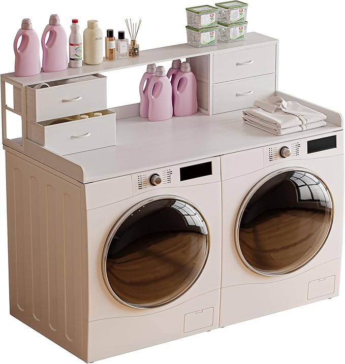 Unionly Washer and Dryer Countertop, 27.5“ D x 53.9“ W x 12.9“ H Solid Wood Washer and Dryer Countertop with Organizer Shelves with Four Drawers for Laundry Room Organization (White)