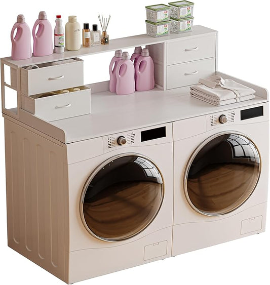 Unionly Washer and Dryer Countertop, 27.5“ D x 53.9“ W x 12.9“ H Solid Wood Washer and Dryer Countertop with Organizer Shelves with Four Drawers for Laundry Room Organization (White)