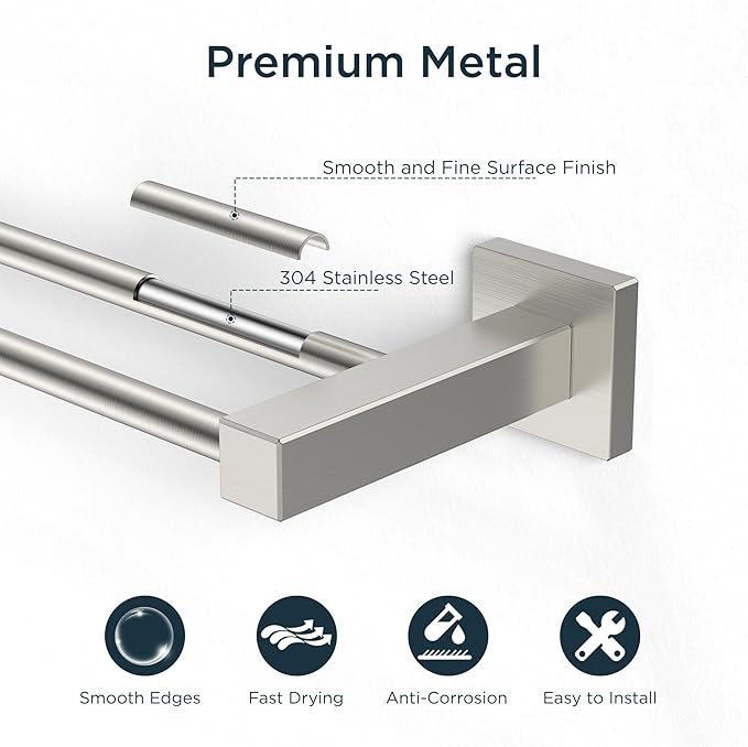 FORIOUS 24 Inch Double Towel Bar, Double Towel Racks for Bathroom Brushed Nickel, Heavy Duty SUS304 Stainless Steel Dual Towel Rail Wall Mount, Brushed Nickel