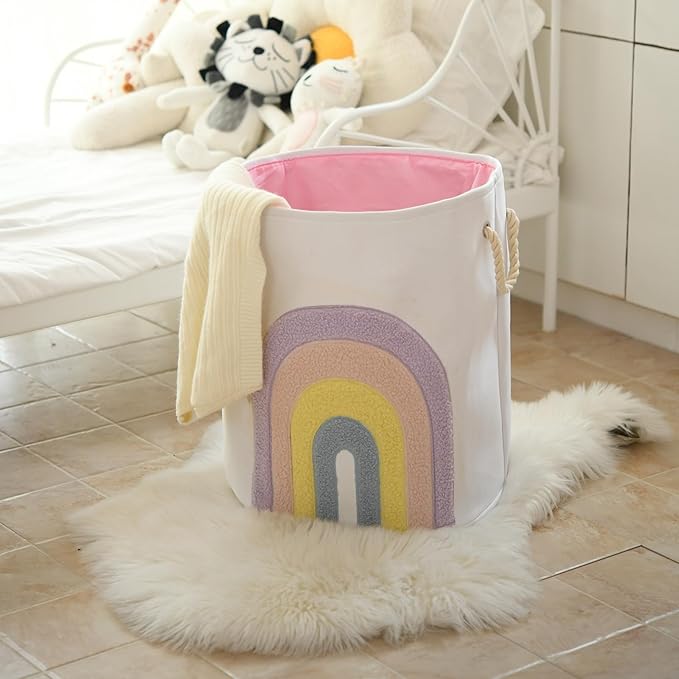 INough Pink Baby Hamper, XL Canvas 58L Laundry Basket with Drawstring Closure, Boho Rainbow Decor