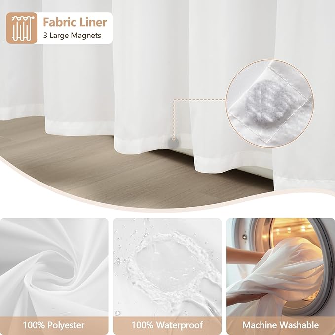 Boho Farmhouse Shower Curtain and Fabric Liner Set, Heavyweight Linen Textured Fabric Shower Curtain Beige with Tassels, 2 in 1 Waterproof Fabric Shower Curtain Set for Bathroom, 72x72 Inch