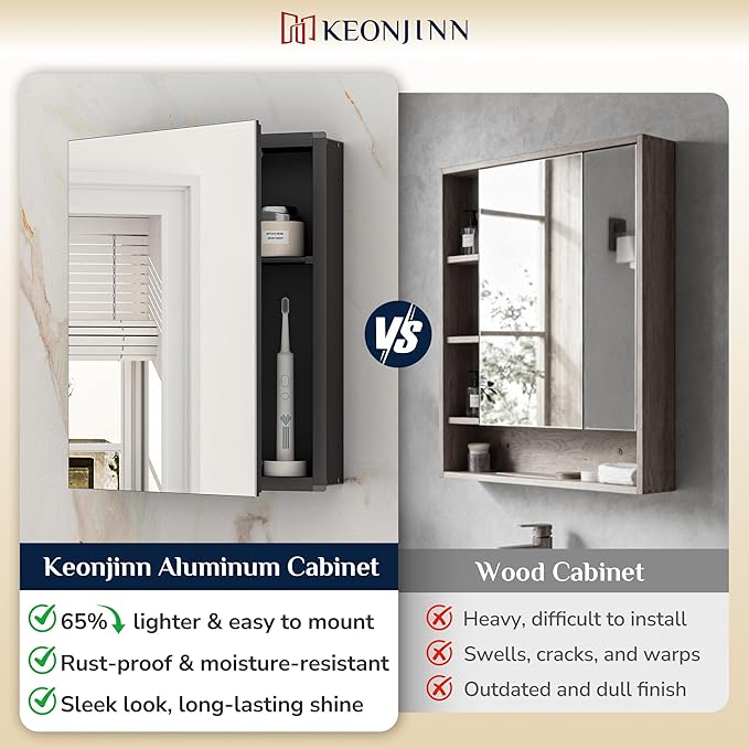 Keonjinn Black Medicine Cabinet 14 x 18 Inch, Assembly Needed, Bathroom Mirrored Medicine Cabinet, Lightweight, Freely Adjustable Shelves, Recessed or Wall Mount, Tempered Glass
