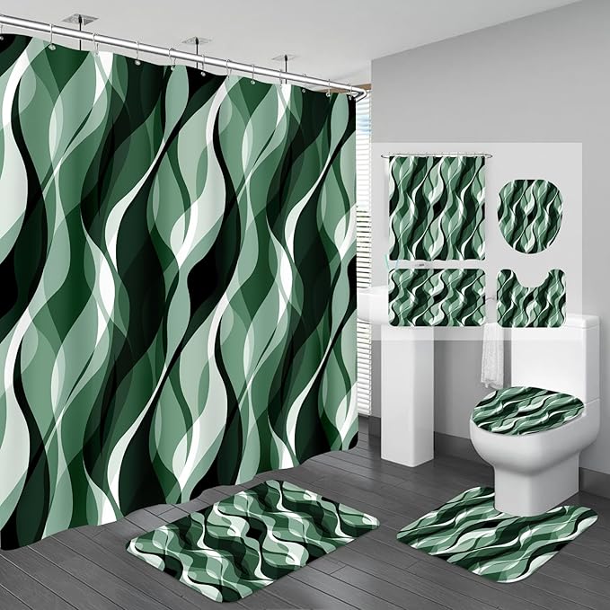 4PCS Emerald Green Bathroom Sets with Shower Curtain and Rugs, Abstract Striped Shower Curtain Sets with Rugs, Modern Bathroom Curtains Shower Set with Toilet Lid Cover