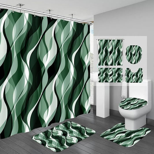 4PCS Emerald Green Bathroom Sets with Shower Curtain and Rugs, Abstract Striped Shower Curtain Sets with Rugs, Modern Bathroom Curtains Shower Set with Toilet Lid Cover