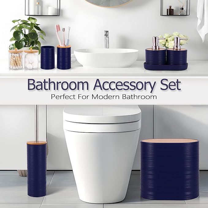 Navy Blue Bathroom Set, 25 PCS Bathroom Accessories Set with Shower Curtains, Rugs, Trash Can, Toothbrush Holder, Soap Dispensers, Toothbrush Cup, Vanity Tray, Soap Dish, Toilet Brush, Qtip Holders