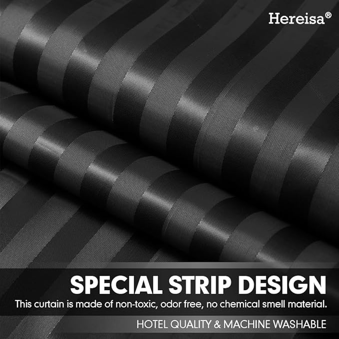 Strip Black Fabric Shower Curtain with Magnets - 85 GSM Heavy Duty Waterproof Bath Curtain, 12 Reinforced Metal Grommets (72x72 Inches)
