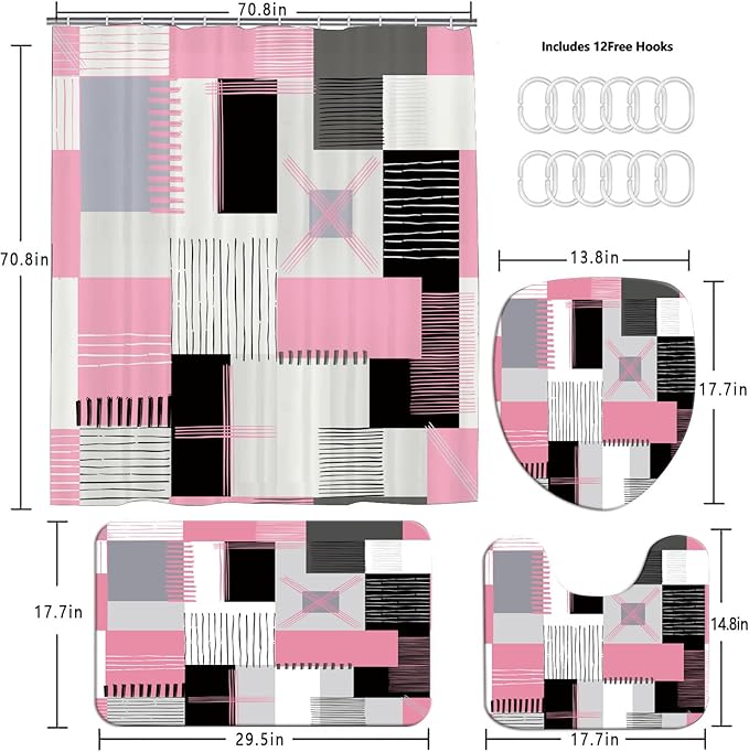 All Smiles Shower Curtain Sets Pink Bathroom Sets with Shower Curtains and Rugs Modern Home Bathroom Décor Accessories,Shower Curtains Waterproof with Non-Slip Rugs Toilet Lid Cover and Bath Mat