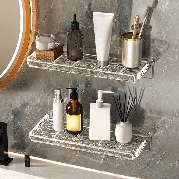2pcs Floating Wall Storage Shelf Bathroom Organizer No Drilling Transparent Water Ripple Design Space-Saving Toiletries Rack for Kitchen and Living