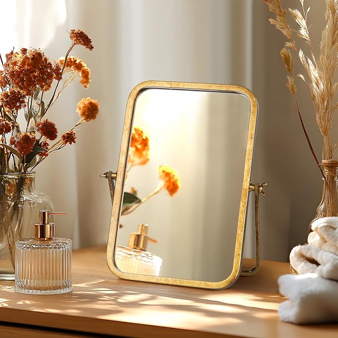 Vintage Makeup Desk Mirror, 12" L x 7.9" W Antique Gold Vanity Table Mirror, Metal Framed Rectangular Small Standing Mirrors, 360 Adjustable Rotation Mirrors for Tabletop, Bathroom