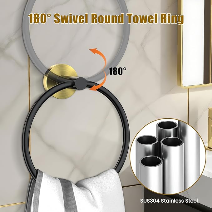 5 Pcs SUS304 Stainless Steel Bathroom Accessories Set, 24" Towel Bar, Round Towel Ring, Toilet Paper Holder, 2 Towel Hooks, Minimalist Design for All Styles Bathrooms (Black+Gold)