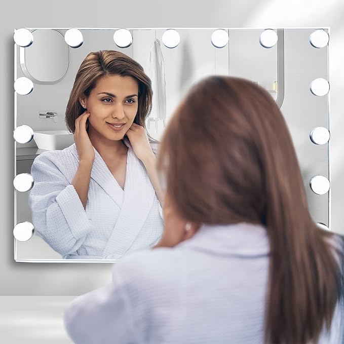 Hollywood Vanity Mirror with Lights, 15 Dimmable LED Bulbs 3 Color Lighted Makeup Mirror with Detachable 10X Magnification Mirror, Tabletop or Wall-Mounted, Touch Control