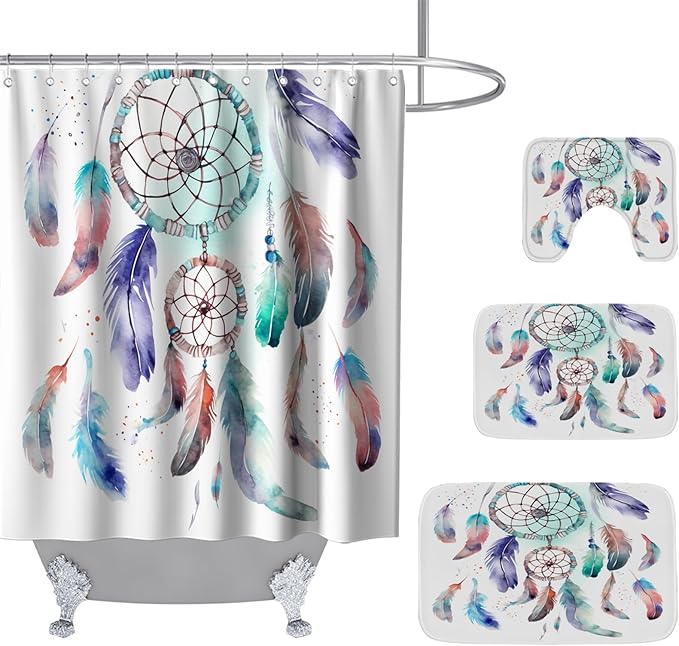Boho Dreamcathcer Tribal Dream Catcher Bathroom Sets with Shower Curtain 72Wx72H and Rugs and Accessories Decor with Bath Mat, U-Shaped Contour Velvet Washable 20 x 31 inches Blue and Purple