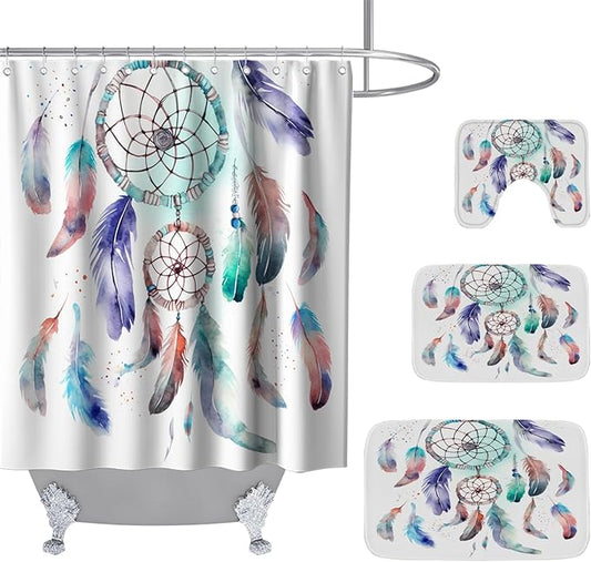 Boho Dreamcathcer Tribal Dream Catcher Bathroom Sets with Shower Curtain 72Wx72H and Rugs and Accessories Decor with Bath Mat, U-Shaped Contour Velvet Washable 20 x 31 inches Blue and Purple
