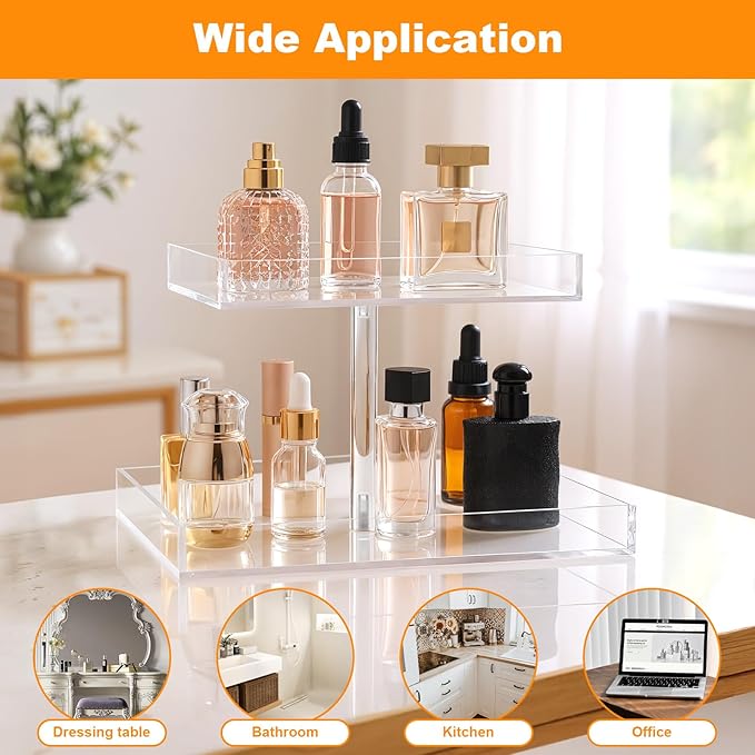 2-Tier Acrylic Perfume Organizer Clear Cosmetic Storage Tray for Dresser & Countertop Sturdy Perfume Display Stand with Non-Slip Base, Multi-Purpose Makeup Jewelry Holder