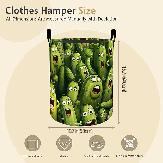 Funny Pickle Laundry Basket Hamper for Boys Girls Kids Adults, Foldable Waterproof Oxford Clothes Storage Bin, Cartoon Organizer for Bedroom Bathroom Room Decor 19.7"x15.8"