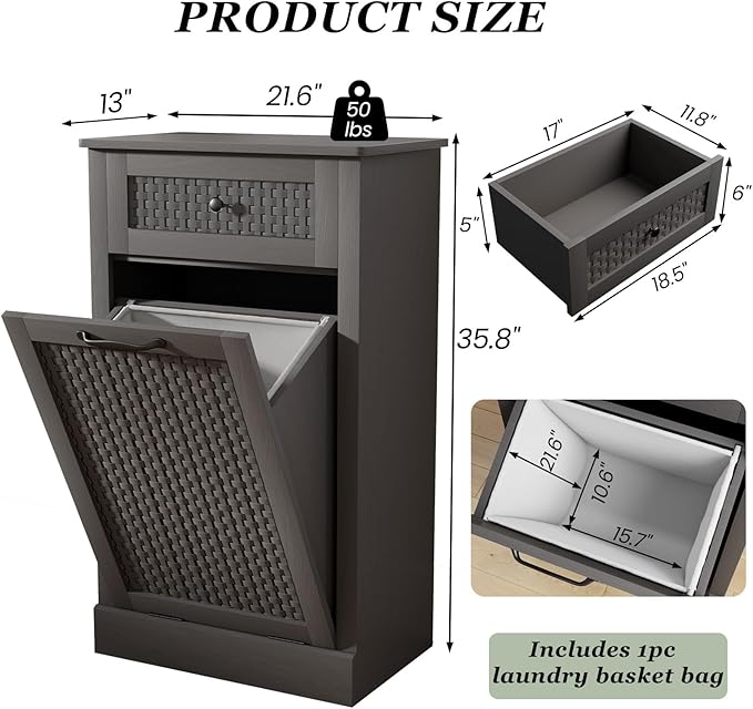 Tilt Out Laundry Hamper Cabinet, Rattan-Style Laundry Room Organization with Removable Laundry Basket, Hidden Wood Dirty Clothes Hamper with Drawer, 21.6" L x 13" W x 35.8" H, Gray