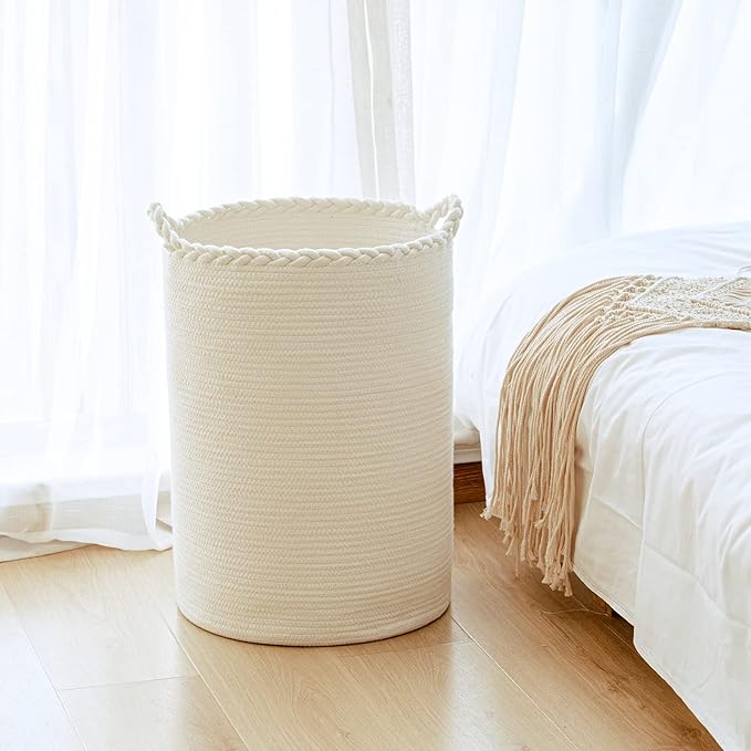 58L Woven Laundry Basket,Cotton Tall Laundry Hamper for Blankets,Clothes,Pillows,Toys,Shoes Large Laundry Bin White