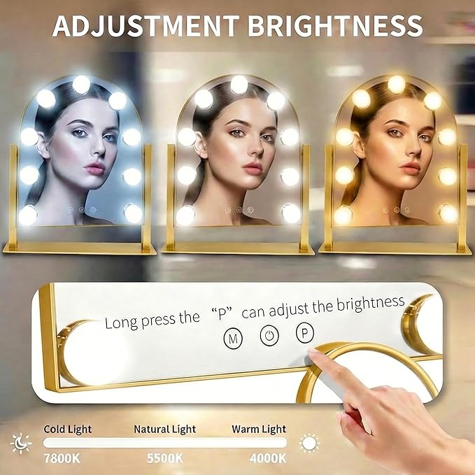 Arched Makeup Vanity Mirror with Lights LED Makeup Mirror Detachable 10X Magnification, Hollywood Make Up Mirror with Lighting, Smart Touch, Rechargeable,360° Rotation, Gold 14.17"x 11.81"