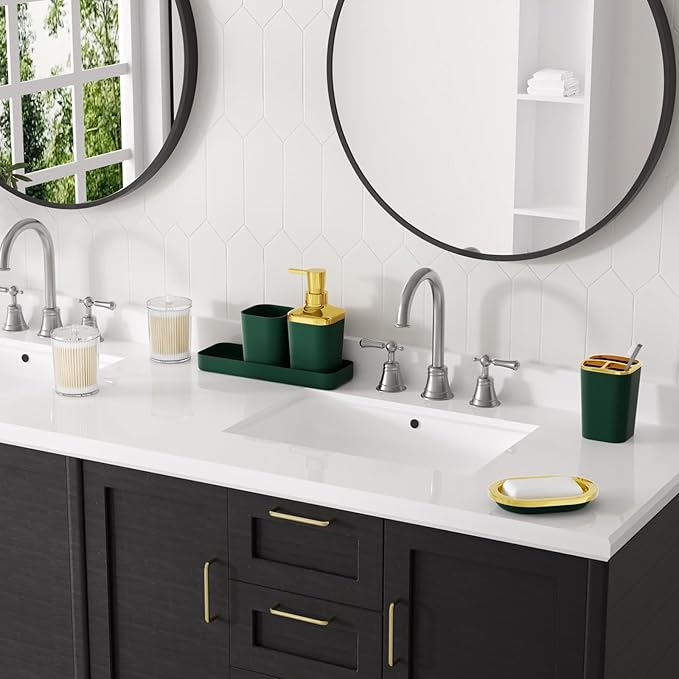 XLHOMO Bathroom Accessories Set, Green Bathroom Set, Dark Green Bathroom Accessory Set with Trash Can, Soap Dispenser, Soap Dish, Toothbrush Holder and Q-tip Holders
