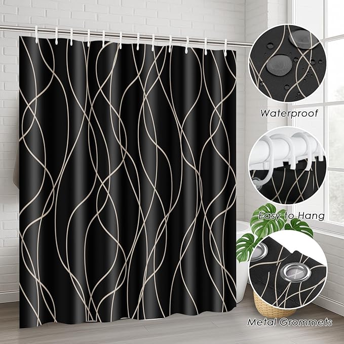 Black Shower Curtain Set with Toilet Lid Cover and Non-Slip Rugs, Striped Wavy Lines 4 Pcs Shower Curtain for Bathroom, Modern Simple Abstract Bathroom Decor