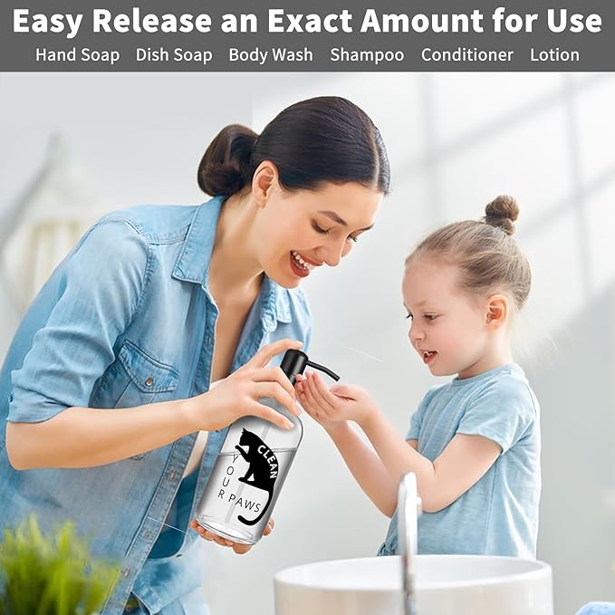 Black Cat Soap Dispenser 17 oz Clear Glass Hand Soap Bottle with 304 Stainless Steel Pump for Bathroom or Kitchen Countertop Cat Lover Gift Idea