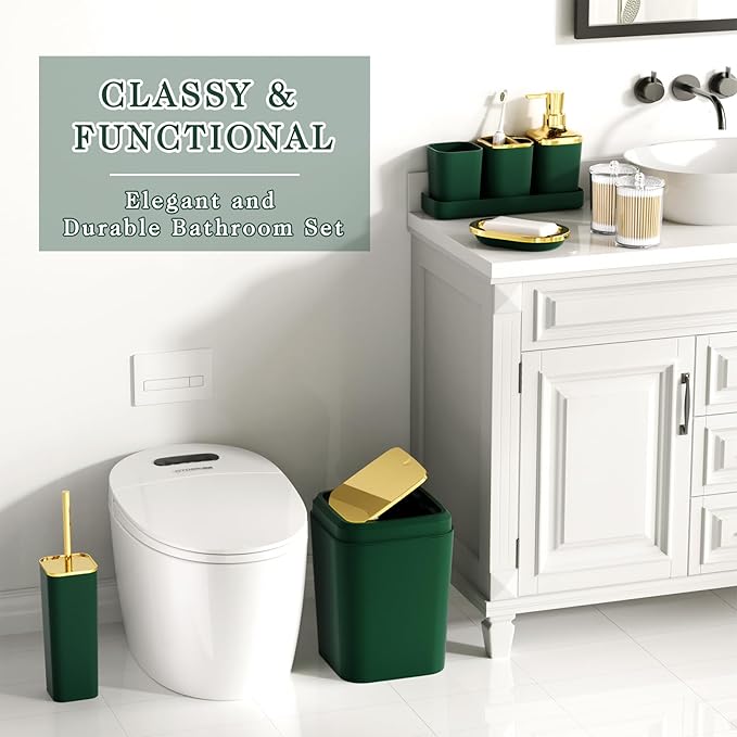 XLHOMO Bathroom Accessories Set - Luxury Green Bathroom Set, 9 Pieces Bathroom Accessory Set, Dark Green Bathroom Accessories with Trash Can, Toilet Brush & Soap Dispenser