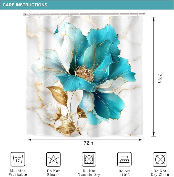 Riyidecor Teal Gold Marble Floral 4Pcs Bathroom Shower Curtain Sets Modern Flower Abstract Bathroom Decor Set with Rugs and Accessories Minimalist Toilet Lid Rug, Contour and Bath Mat with 12 Hooks