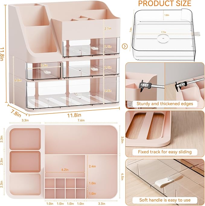 Yieach Countertop Makeup Organizers With Brush Holder,Big Skincare Organizers for Vanity,Dresser,Bathroom,Plastic Cosmetics Storage Organizer with 4 Drawers for Lotion,Beauty,Hair Product & Tool,Pink