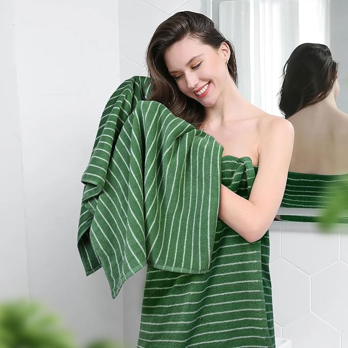 Jacquotha Bath Towels 2 Pack, Lighter & Quick Dry Towels Large 27.5 x 55 inches, Luxury Terry Cotton Towels for Bathroom Beach Swim, Forest Green & White Striped