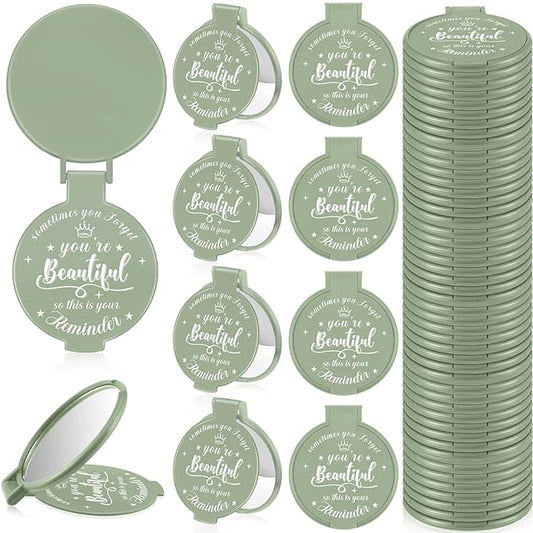 36 Pcs 2.76 Inch Inspirational Compact Mirror Bulk Women Small Gifts Graduation Party Favors Purse Mirror Pocket Mini Stuffer Items for Adult Coworker Cheerleader Employee (Sage Green)