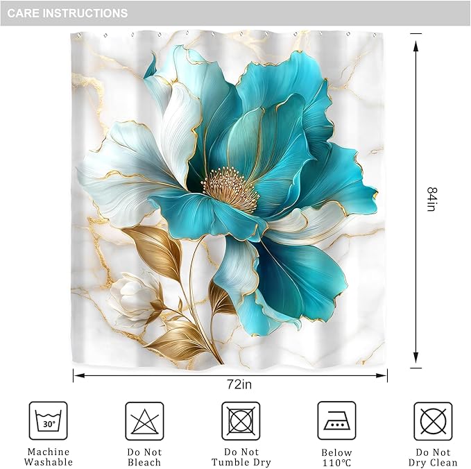 Riyidecor Teal Gold Marble Floral Shower Curtain for Bathroom Decor 72Wx84H Extra Long Abstract Modern Fashion Flower Luxury Modern Art Printed Fabric Polyester Waterproof 12 Pack Plastic Hooks