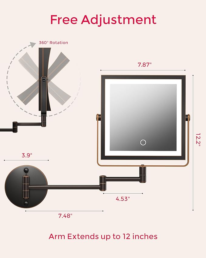 Rechargeable Wall Mounted Makeup Mirror with Lights, 4000mAh Double Sided 1X/10X Magnifying Vanity Mirror with 3 Color Lights, Touch Dimmable, 360° Extension Foldable Arm(Oil Rubbed Bronze
