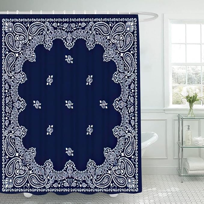 4 Piece Western Shower Curtain Waterproof White and Blue Geometric Line White Neck Scarf Kerchief Bathroom Sets with Non-Slip Rugs, Toilet Lid Cover and Bath Mat with Standard Size