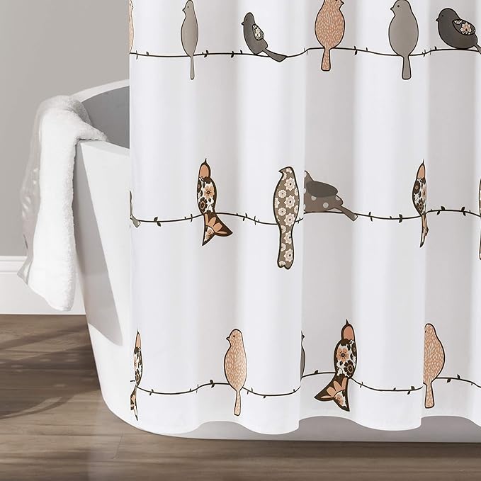 Lush Decor Rowley Birds Shower Curtain, 72” W x 72” L, Blush & Gray - Colorful Floral Bird Pattern - Whimsical & Playful Bird Shower Curtain - Farmhouse, Coastal, & Boho Bathroom Decor