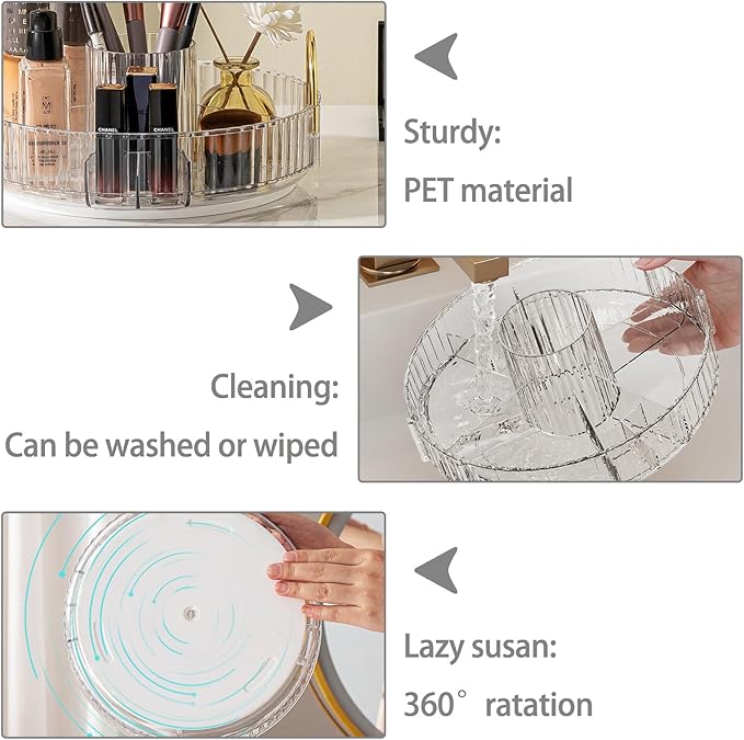 shuang qing Rotating Makeup Organizer for Vanity, High-Capacity Skincare Clear Make Up Storage Perfume Organizers Cosmetic Dresser Organizer Countertop 360 Spinning (Clear, New-3 Tier)