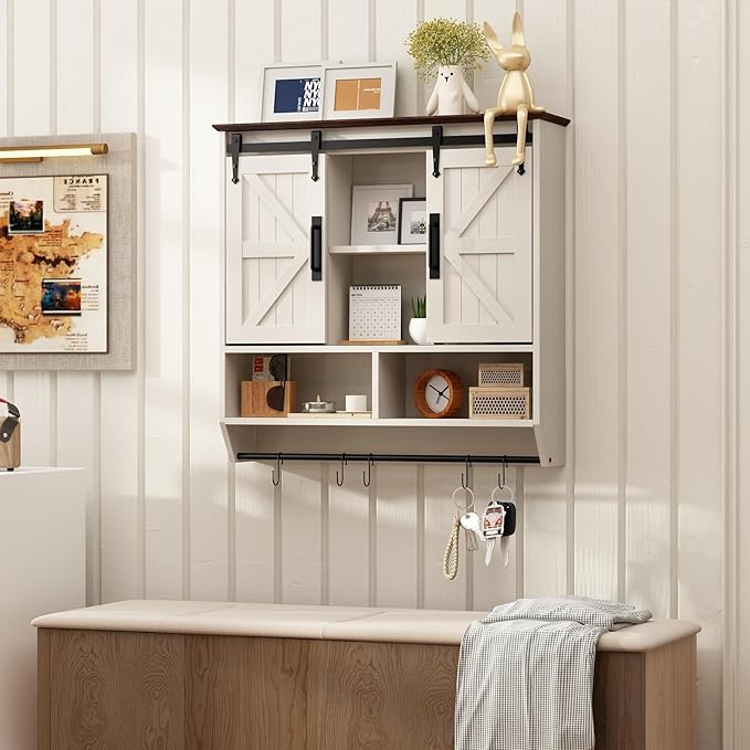 RUSTOWN Farmhouse Bathroom Wall Cabinet,3-Tier Rustic Wood Wall Mounted Cabinets,Vintage Medicine Cabinet with Sliding Barn Door and Adjustable Shelves,Over The Toilet Storage Cabinet (Vintage White)