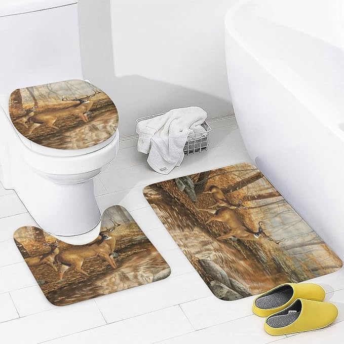 Rustic Cabin Wildlife Deer 4 Piece Shower Curtain Sets, Non-Slip Rugs, Toilet Lid Cover and Bath Mat, Durable and Waterproof, for Bathroom Decor Set One Size