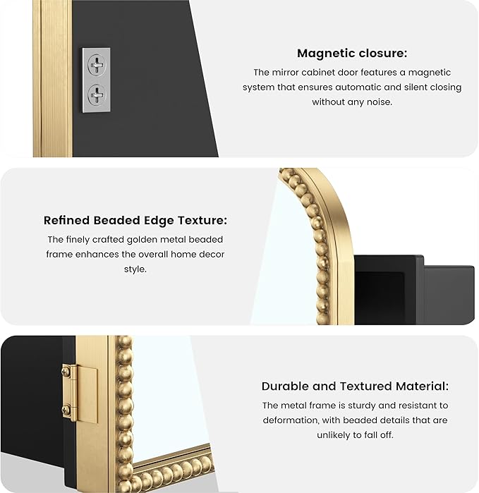 SogesHome Wall-Mounted Bathroom Mirror Cabinet, Irregular Arched Design, 19.7 x 29.9 Inch Retro Elegant Decoration Medicine Cabinet with Removable Shelves, Recessed Vanity Organizer, Gold