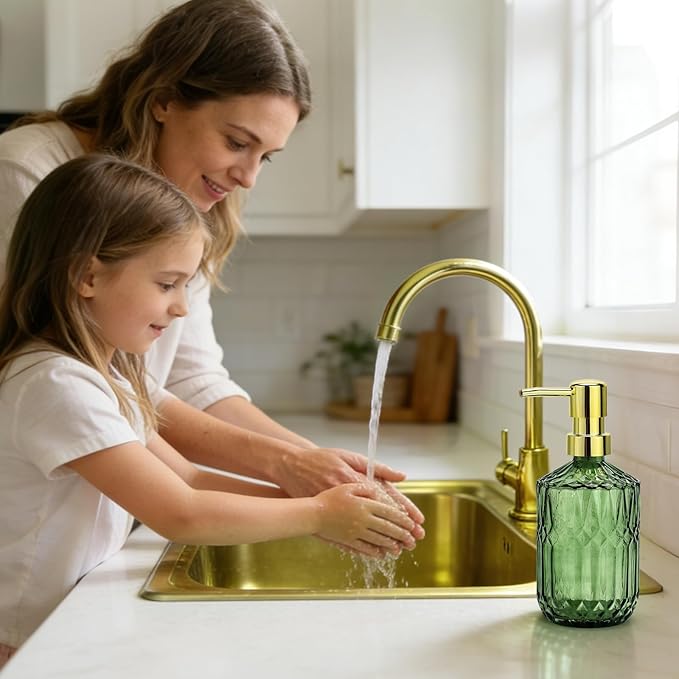 Green Glass Soap Dispenser (15.4 Oz, 1 Pack), Dish Soap Dispenser with Golden Rust Proof Pump for Kitchen Sink, Refillable Bathroom Hand Soap Lotion Dispenser