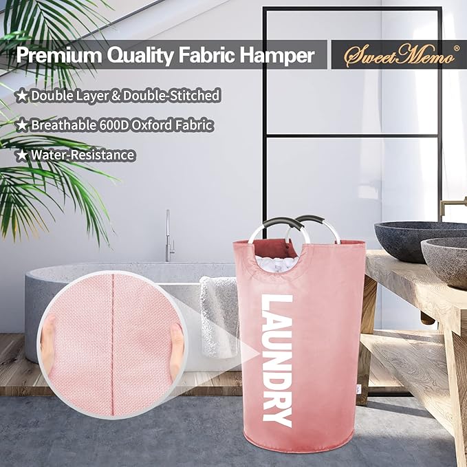 Large Laundry Basket Collapsible???Freestanding Clothes Hamper Bag with Handles ?€? Tall Folding Dirty Laundry Bin???Sturdy Laundry Sorter for College Dorm???Laundry Room ?€? 115L (Pink)