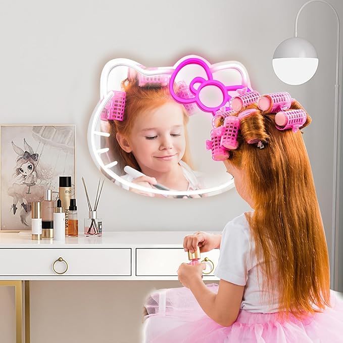 MCJSGSP Anime Hello Kit Cat Neon Sign Mirror 12 * 9.5 inch Vanity Mirror with Lights Bedroom Wall Mirror for Pink Room Decor and a Makeup Mirror with Lights Teen Girl Gifts